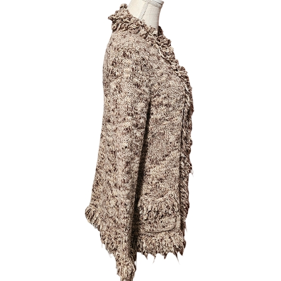 NINE WEST Cardigan Sweater Women Large Brown Wool Blend Y2K Ruffle Trim Shaggy - Picture 8 of 13